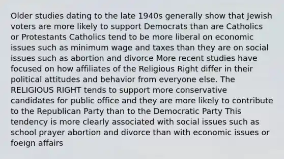 Older studies dating to the late 1940s generally show that Jewish voters are more likely to support Democrats than are Catholics or Protestants Catholics tend to be more liberal on economic issues such as minimum wage and taxes than they are on social issues such as abortion and divorce More recent studies have focused on how affiliates of the Religious Right differ in their political attitudes and behavior from everyone else. The RELIGIOUS RIGHT tends to support more conservative candidates for public office and they are more likely to contribute to the Republican Party than to the Democratic Party This tendency is more clearly associated with social issues such as school prayer abortion and divorce than with economic issues or foeign affairs