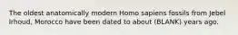 The oldest anatomically modern Homo sapiens fossils from Jebel Irhoud, Morocco have been dated to about (BLANK) years ago.