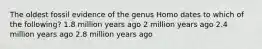 The oldest fossil evidence of the genus Homo dates to which of the following? 1.8 million years ago 2 million years ago 2.4 million years ago 2.8 million years ago