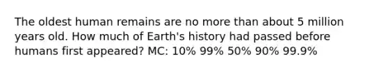 The oldest human remains are no more than about 5 million years old. How much of Earth's history had passed before humans first appeared? MC: 10% 99% 50% 90% 99.9%