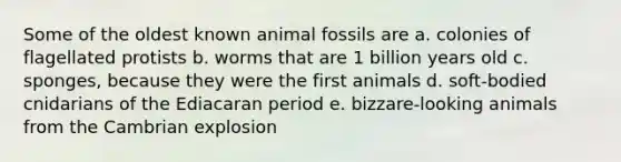 Some of the oldest known animal fossils are a. colonies of flagellated protists b. worms that are 1 billion years old c. sponges, because they were the first animals d. soft-bodied cnidarians of the Ediacaran period e. bizzare-looking animals from the Cambrian explosion