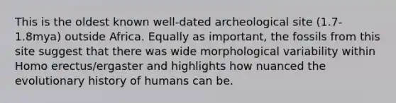 This is the oldest known well-dated archeological site (1.7-1.8mya) outside Africa. Equally as important, the fossils from this site suggest that there was wide morphological variability within Homo erectus/ergaster and highlights how nuanced the evolutionary history of humans can be.