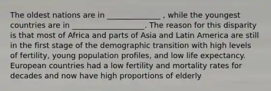 The oldest nations are in ______________ , while the youngest countries are in ___________________. The reason for this disparity is that most of Africa and parts of Asia and Latin America are still in the first stage of the demographic transition with high levels of fertility, young population profiles, and low life expectancy. European countries had a low fertility and mortality rates for decades and now have high proportions of elderly