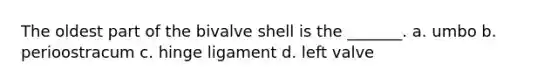 The oldest part of the bivalve shell is the _______. a. umbo b. perioostracum c. hinge ligament d. left valve