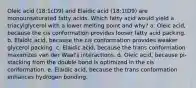 Oleic acid (18:1cD9) and Elaidic acid (18:1tD9) are monounsaturated fatty acids. Which fatty acid would yield a triacylglycerol with a lower melting point and why? a. Oleic acid, because the cis conformation provides looser fatty acid packing. b. Elaidic acid, because the cis conformation provides weaker glycerol packing. c. Elaidic acid, because the trans conformation maximizes van der Waal's interactions. d. Oleic acid, because pi-stacking from the double bond is optimized in the cis conformation. e. Elaidic acid, because the trans conformation enhances hydrogen bonding.