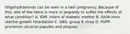 Oligohydraminos can be seen in a twin pregnancy. Because of this, one of the twins is more in jeopardy to suffer the effects of what condition? A. IDM- infant of diabetic mother B. IUGR-intra uterine growth retardation C. GBS- group B strep D. PUPP- prurience uticarial papules and plaques