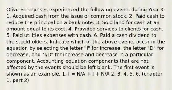 Olive Enterprises experienced the following events during Year 3: 1. Acquired cash from the issue of common stock. 2. Paid cash to reduce the principal on a bank note. 3. Sold land for cash at an amount equal to its cost. 4. Provided services to clients for cash. 5. Paid utilities expenses with cash. 6. Paid a cash dividend to the stockholders. Indicate which of the above events occur in the equation by selecting the letter "I" for increase, the letter "D" for decrease, and "I/D" for increase and decrease in a particular component. Accounting equation components that are not affected by the events should be left blank. The first event is shown as an example. 1. I = N/A + I + N/A 2. 3. 4. 5. 6. (chapter 1, part 2)