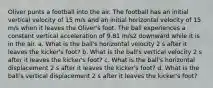 Oliver punts a football into the air. The football has an initial vertical velocity of 15 m/s and an initial horizontal velocity of 15 m/s when it leaves the Oliver's foot. The ball experiences a constant vertical acceleration of 9.81 m/s2 downward while it is in the air. a. What is the ball's horizontal velocity 2 s after it leaves the kicker's foot? b. What is the ball's vertical velocity 2 s after it leaves the kicker's foot? c. What is the ball's horizontal displacement 2 s after it leaves the kicker's foot? d. What is the ball's vertical displacement 2 s after it leaves the kicker's foot?