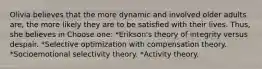 Olivia believes that the more dynamic and involved older adults are, the more likely they are to be satisfied with their lives. Thus, she believes in Choose one: *Erikson's theory of integrity versus despair. *Selective optimization with compensation theory. *Socioemotional selectivity theory. *Activity theory.