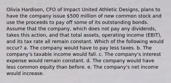 Olivia Hardison, CFO of Impact United Athletic Designs, plans to have the company issue 500 million of new common stock and use the proceeds to pay off some of its outstanding bonds. Assume that the company, which does not pay any dividends, takes this action, and that total assets, operating income (EBIT), and its tax rate all remain constant. Which of the following would occur? a. The company would have to pay less taxes. b. The company's taxable income would fall. c. The company's interest expense would remain constant. d. The company would have less common equity than before. e. The company's net income would increase.