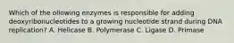 Which of the ollowing enzymes is responsible for adding deoxyribonucleotides to a growing nucleotide strand during DNA replication? A. Helicase B. Polymerase C. Ligase D. Primase