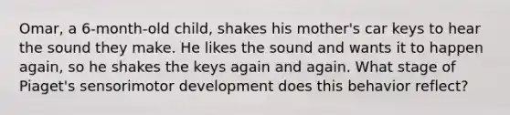 Omar, a 6-month-old child, shakes his mother's car keys to hear the sound they make. He likes the sound and wants it to happen again, so he shakes the keys again and again. What stage of Piaget's sensorimotor development does this behavior reflect?