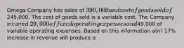 Omega Company has sales of 390,000 and cost of goods sold of245,000. The cost of goods sold is a variable cost. The Company incurred 29,000 of fixed operating expenses and49,000 of variable operating expenses. Based on this information a(n) 17% increase in revenue will produce a