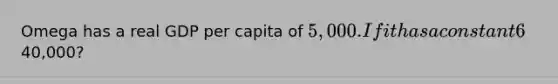 Omega has a real GDP per capita of 5,000. If it has a constant 6% rate of growth, how many years will it take before Omega has a real GDP per capita of40,000?