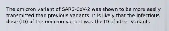 The omicron variant of SARS-CoV-2 was shown to be more easily transmitted than previous variants. It is likely that the infectious dose (ID) of the omicron variant was the ID of other variants.