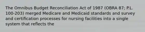 The Omnibus Budget Reconciliation Act of 1987 (OBRA 87; P.L. 100-203) merged Medicare and Medicaid standards and survey and certiﬁcation processes for nursing facilities into a single system that reﬂects the