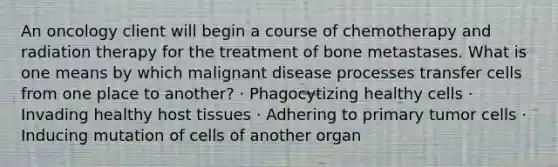 An oncology client will begin a course of chemotherapy and radiation therapy for the treatment of bone metastases. What is one means by which malignant disease processes transfer cells from one place to another? · Phagocytizing healthy cells · Invading healthy host tissues · Adhering to primary tumor cells · Inducing mutation of cells of another organ