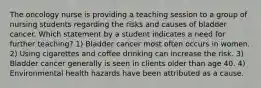 The oncology nurse is providing a teaching session to a group of nursing students regarding the risks and causes of bladder cancer. Which statement by a student indicates a need for further teaching? 1) Bladder cancer most often occurs in women. 2) Using cigarettes and coffee drinking can increase the risk. 3) Bladder cancer generally is seen in clients older than age 40. 4) Environmental health hazards have been attributed as a cause.