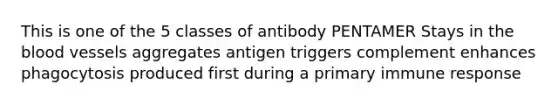 This is one of the 5 classes of antibody PENTAMER Stays in the blood vessels aggregates antigen triggers complement enhances phagocytosis produced first during a primary immune response