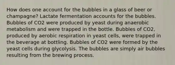 How does one account for the bubbles in a glass of beer or champagne? Lactate fermentation accounts for the bubbles. Bubbles of CO2 were produced by yeast during anaerobic metabolism and were trapped in the bottle. Bubbles of CO2, produced by aerobic respiration in yeast cells, were trapped in the beverage at bottling. Bubbles of CO2 were formed by the yeast cells during glycolysis. The bubbles are simply air bubbles resulting from the brewing process.