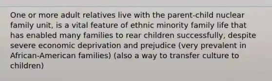 One or more adult relatives live with the parent-child nuclear family unit, is a vital feature of ethnic minority family life that has enabled many families to rear children successfully, despite severe economic deprivation and prejudice (very prevalent in African-American families) (also a way to transfer culture to children)