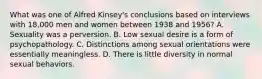 What was one of Alfred Kinsey's conclusions based on interviews with 18,000 men and women between 1938 and 1956? A. Sexuality was a perversion. B. Low sexual desire is a form of psychopathology. C. Distinctions among sexual orientations were essentially meaningless. D. There is little diversity in normal sexual behaviors.