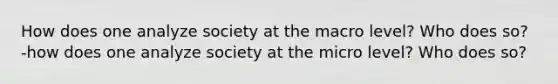 How does one analyze society at the macro level? Who does so? -how does one analyze society at the micro level? Who does so?