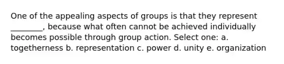 One of the appealing aspects of groups is that they represent ________, because what often cannot be achieved individually becomes possible through group action. Select one: a. togetherness b. representation c. power d. unity e. organization