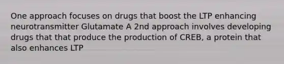 One approach focuses on drugs that boost the LTP enhancing neurotransmitter Glutamate A 2nd approach involves developing drugs that that produce the production of CREB, a protein that also enhances LTP