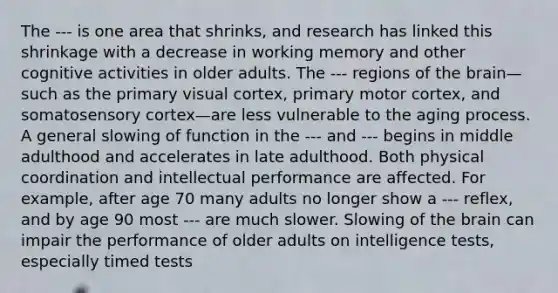 The --- is one area that shrinks, and research has linked this shrinkage with a decrease in working memory and other cognitive activities in older adults. The --- regions of the brain—such as the primary visual cortex, primary motor cortex, and somatosensory cortex—are less vulnerable to the aging process. A general slowing of function in the --- and --- begins in middle adulthood and accelerates in late adulthood. Both physical coordination and intellectual performance are affected. For example, after age 70 many adults no longer show a --- reflex, and by age 90 most --- are much slower. Slowing of the brain can impair the performance of older adults on intelligence tests, especially timed tests