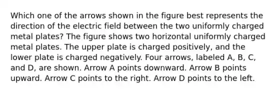 Which one of the arrows shown in the figure best represents the direction of the electric field between the two uniformly charged metal plates? The figure shows two horizontal uniformly charged metal plates. The upper plate is charged positively, and the lower plate is charged negatively. Four arrows, labeled A, B, C, and D, are shown. Arrow A points downward. Arrow B points upward. Arrow C points to the right. Arrow D points to the left.