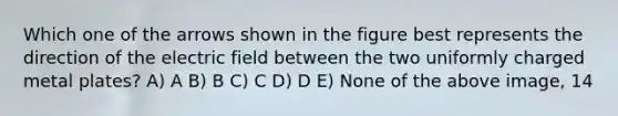 Which one of the arrows shown in the figure best represents the direction of the electric field between the two uniformly charged metal plates? A) A B) B C) C D) D E) None of the above image, 14