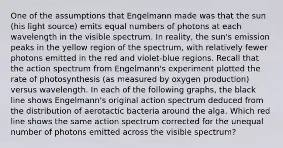 One of the assumptions that Engelmann made was that the sun (his light source) emits equal numbers of photons at each wavelength in the visible spectrum. In reality, the sun's emission peaks in the yellow region of the spectrum, with relatively fewer photons emitted in the red and violet-blue regions. Recall that the action spectrum from Engelmann's experiment plotted the rate of photosynthesis (as measured by oxygen production) versus wavelength. In each of the following graphs, the black line shows Engelmann's original action spectrum deduced from the distribution of aerotactic bacteria around the alga. Which red line shows the same action spectrum corrected for the unequal number of photons emitted across the visible spectrum?