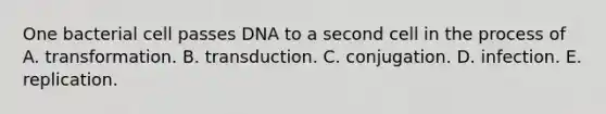 One bacterial cell passes DNA to a second cell in the process of A. transformation. B. transduction. C. conjugation. D. infection. E. replication.