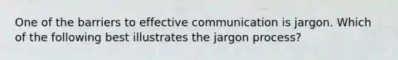 One of the barriers to effective communication is jargon. Which of the following best illustrates the jargon process?