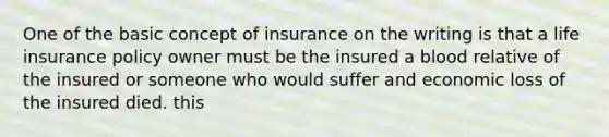 One of the basic concept of insurance on the writing is that a life insurance policy owner must be the insured a blood relative of the insured or someone who would suffer and economic loss of the insured died. this