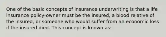 One of the basic concepts of insurance underwriting is that a life insurance policy-owner must be the insured, a blood relative of the insured, or someone who would suffer from an economic loss if the insured died. This concept is known as: