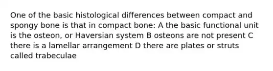 One of the basic histological differences between compact and spongy bone is that in compact bone: A the basic functional unit is the osteon, or Haversian system B osteons are not present C there is a lamellar arrangement D there are plates or struts called trabeculae