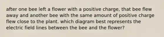 after one bee left a flower with a positive charge, that bee flew away and another bee with the same amount of positive charge flew close to the plant. which diagram best represents the electric field lines between the bee and the flower?