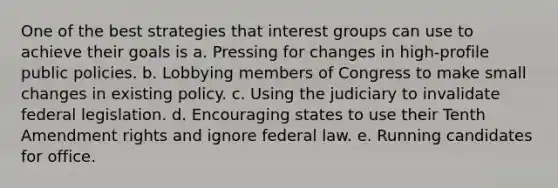 One of the best strategies that interest groups can use to achieve their goals is a. Pressing for changes in high-profile public policies. b. Lobbying members of Congress to make small changes in existing policy. c. Using the judiciary to invalidate federal legislation. d. Encouraging states to use their Tenth Amendment rights and ignore federal law. e. Running candidates for office.