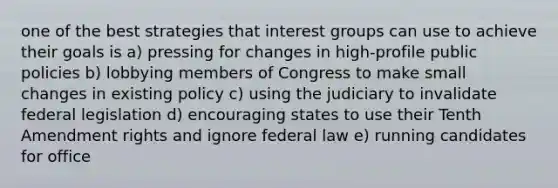 one of the best strategies that interest groups can use to achieve their goals is a) pressing for changes in high-profile public policies b) lobbying members of Congress to make small changes in existing policy c) using the judiciary to invalidate federal legislation d) encouraging states to use their Tenth Amendment rights and ignore federal law e) running candidates for office