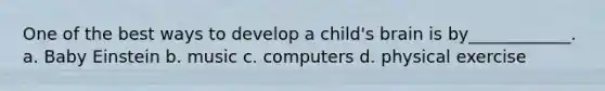 One of the best ways to develop a child's brain is by____________. a. Baby Einstein b. music c. computers d. physical exercise