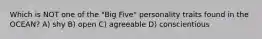 Which is NOT one of the "Big Five" personality traits found in the OCEAN? A) shy B) open C) agreeable D) conscientious