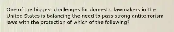 One of the biggest challenges for domestic lawmakers in the United States is balancing the need to pass strong antiterrorism laws with the protection of which of the following?