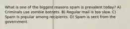 What is one of the biggest reasons spam is prevalent today? A) Criminals use zombie botnets. B) Regular mail is too slow. C) Spam is popular among recipients. D) Spam is sent from the government.