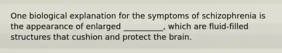 One biological explanation for the symptoms of schizophrenia is the appearance of enlarged __________, which are fluid-filled structures that cushion and protect the brain.