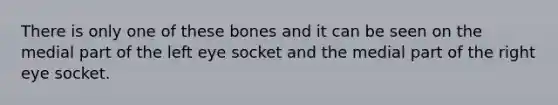 There is only one of these bones and it can be seen on the medial part of the left eye socket and the medial part of the right eye socket.