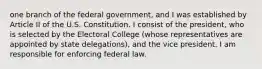 one branch of the federal government, and I was established by Article II of the U.S. Constitution. I consist of the president, who is selected by the Electoral College (whose representatives are appointed by state delegations), and the vice president. I am responsible for enforcing federal law.