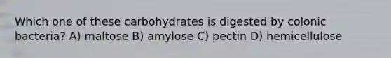 Which one of these carbohydrates is digested by colonic bacteria? A) maltose B) amylose C) pectin D) hemicellulose