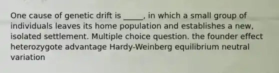 One cause of genetic drift is _____, in which a small group of individuals leaves its home population and establishes a new, isolated settlement. Multiple choice question. the founder effect heterozygote advantage Hardy-Weinberg equilibrium neutral variation